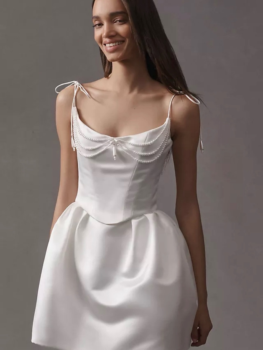 Watters White Satin Strapless Dress with Pearl Drape